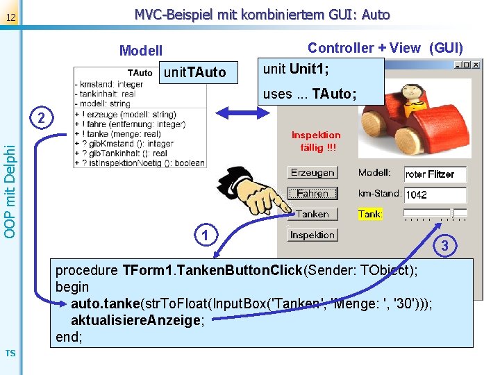 MVC-Beispiel mit kombiniertem GUI: Auto 12 Controller + View (GUI) Modell unit. TAuto unit
