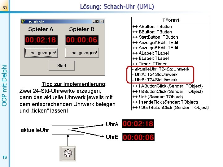 Lösung: Schach-Uhr (UML) OOP mit Delphi 30 Tipp zur Implementierung: Zwei 24 -Std-Uhrwerke erzeugen,