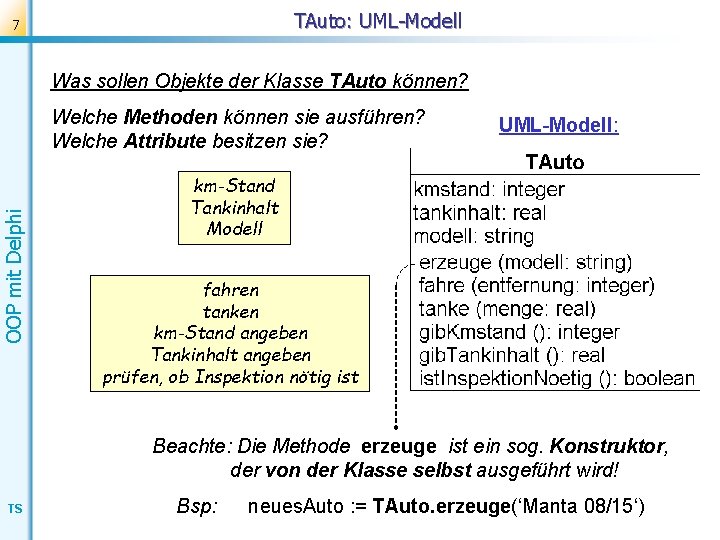 TAuto: UML-Modell 7 Was sollen Objekte der Klasse TAuto können? OOP mit Delphi Welche
