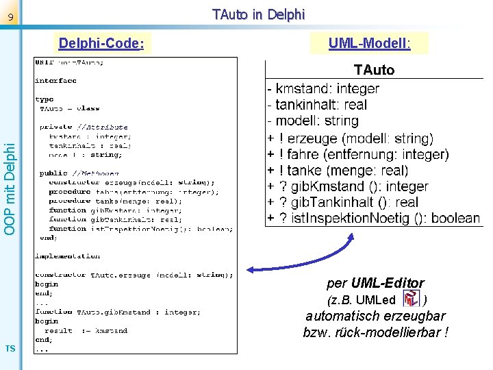 TAuto in Delphi 9 UML-Modell: OOP mit Delphi-Code: per UML-Editor (z. B. UMLed )