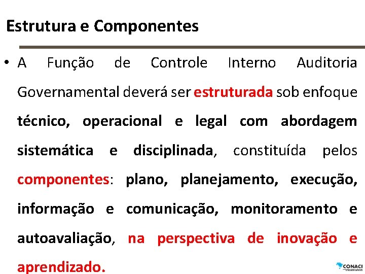 Estrutura e Componentes • A Função de Controle Interno Auditoria Governamental deverá ser estruturada