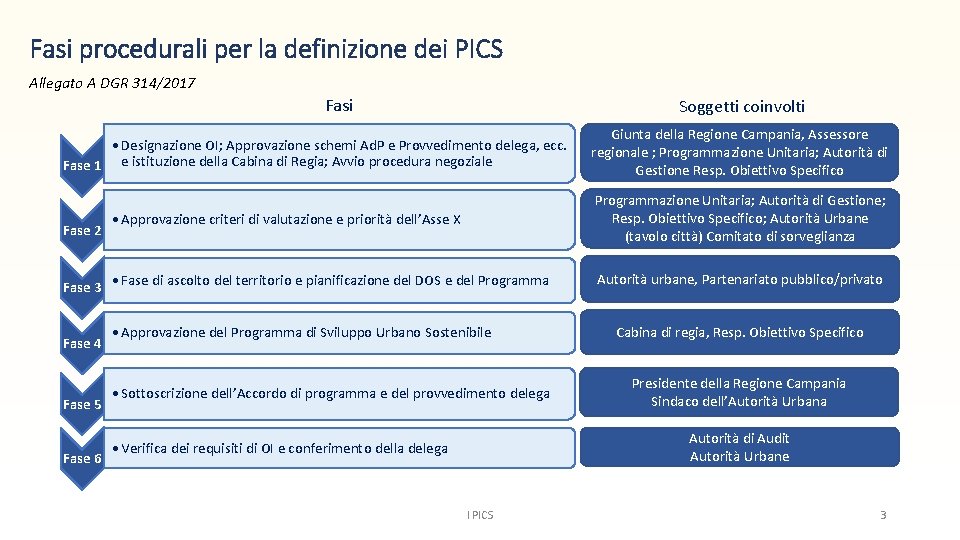 Fasi procedurali per la definizione dei PICS Allegato A DGR 314/2017 Fasi Soggetti coinvolti