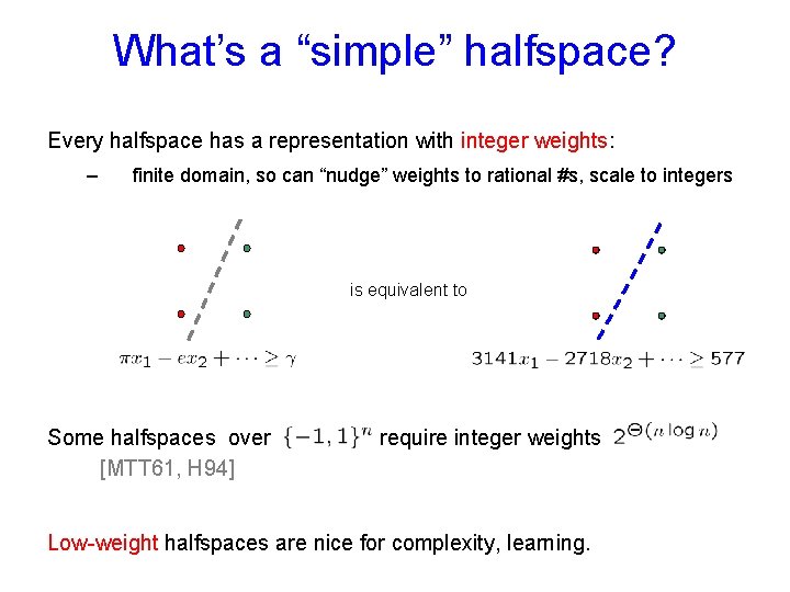 What’s a “simple” halfspace? Every halfspace has a representation with integer weights: – finite