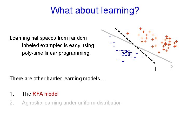 What about learning? Learning halfspaces from random labeled examples is easy using poly-time linear
