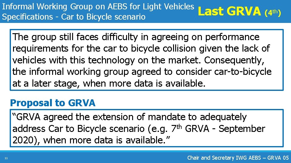 Informal Working Group on AEBS for Light Vehicles Specifications - Car to Bicycle scenario