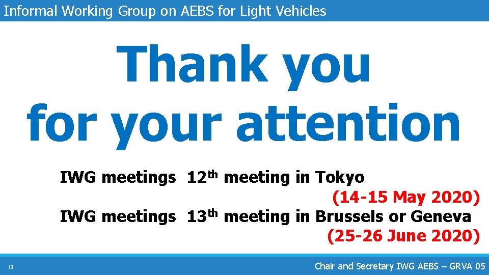 Informal Working Group on AEBS for Light Vehicles Thank you for your attention IWG