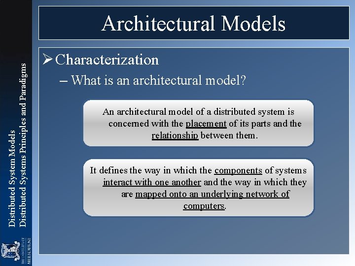 Distributed System Models Distributed Systems Principles and Paradigms Architectural Models Ø Characterization – What Distributed System Models Distributed Systems Principles and Paradigms Architectural Models Ø Characterization – What