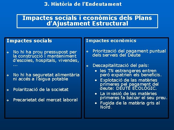 3. Història de l’Endeutament Impactes socials i econòmics dels Plans d’Ajustament Estructural Impactes socials