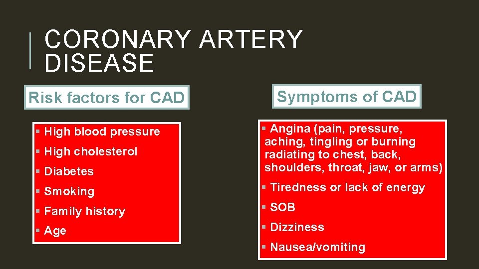 CORONARY ARTERY DISEASE Risk factors for CAD Symptoms of CAD § Diabetes § Angina