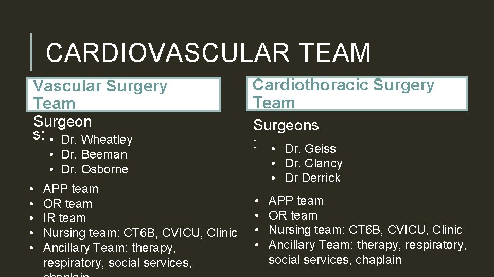 CARDIOVASCULAR TEAM Vascular Surgery Team Surgeon s: • Dr. Wheatley • Dr. Beeman •