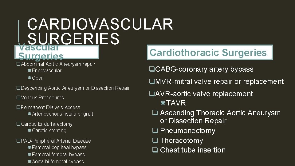 CARDIOVASCULAR SURGERIES Vascular Surgeries q. Abdominal Aortic Aneurysm repair Endovascular Open q. Descending Aortic