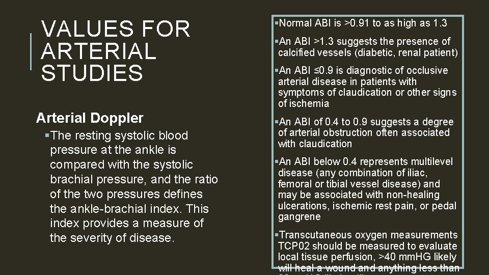 VALUES FOR ARTERIAL STUDIES Arterial Doppler §The resting systolic blood pressure at the ankle