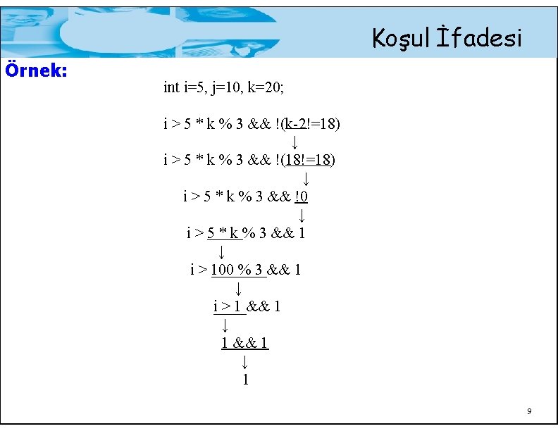 Koşul İfadesi Örnek: int i=5, j=10, k=20; i > 5 * k % 3