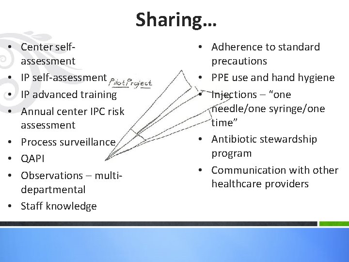 Sharing… • Center selfassessment • IP self-assessment • IP advanced training • Annual center