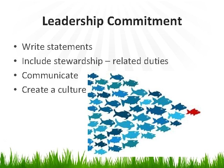 Leadership Commitment • • Write statements Include stewardship – related duties Communicate Create a
