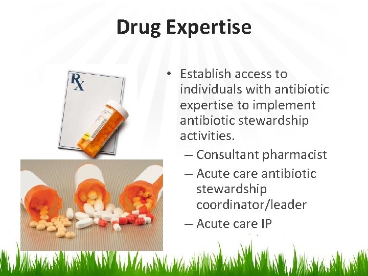 Drug Expertise • Establish access to individuals with antibiotic expertise to implement antibiotic stewardship