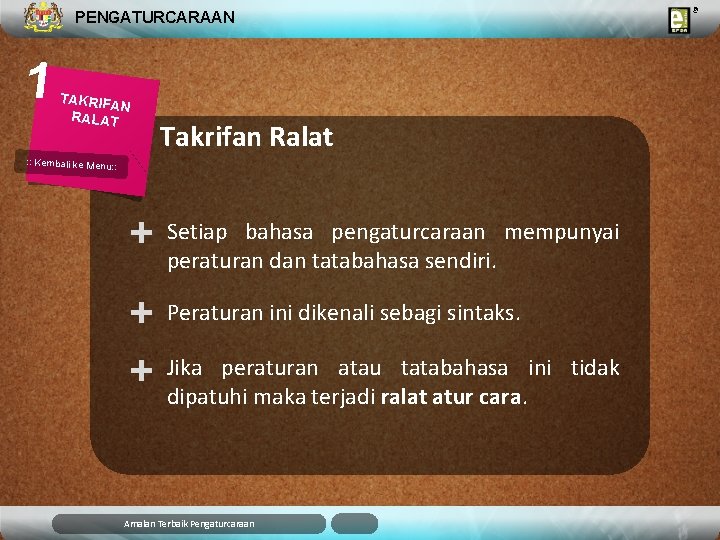 PENGATURCARAAN 1 TAKRIF AN RALAT Takrifan Ralat : : Kembali ke Menu: : bahasa