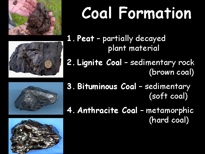Coal Formation 1. Peat – partially decayed plant material 2. Lignite Coal – sedimentary
