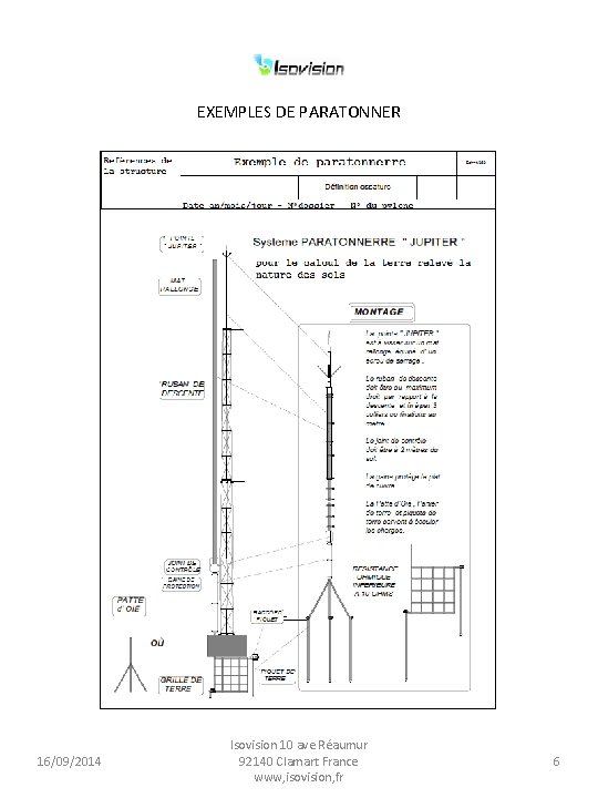 EXEMPLES DE PARATONNER 16/09/2014 Isovision 10 ave Réaumur 92140 Clamart France www, isovision, fr