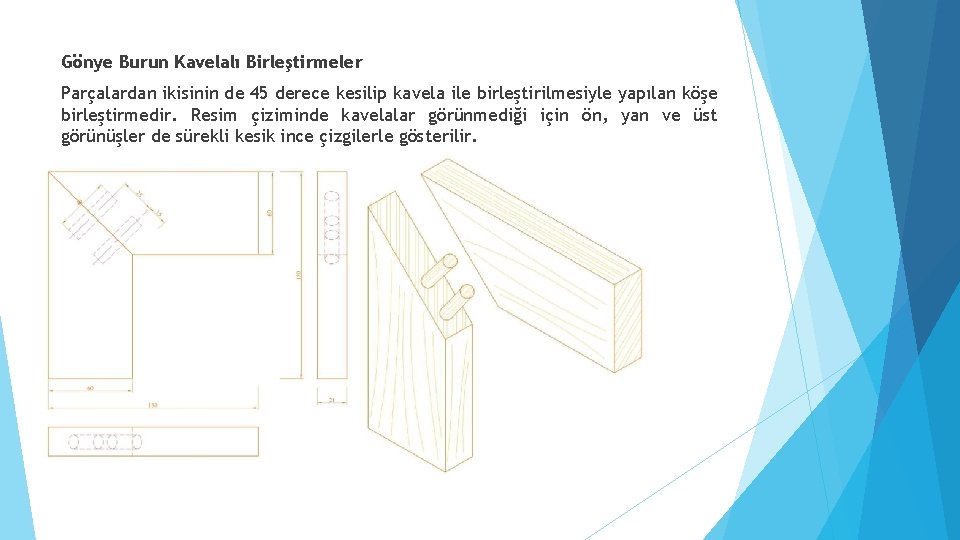 Gönye Burun Kavelalı Birleştirmeler Parçalardan ikisinin de 45 derece kesilip kavela ile birleştirilmesiyle yapılan