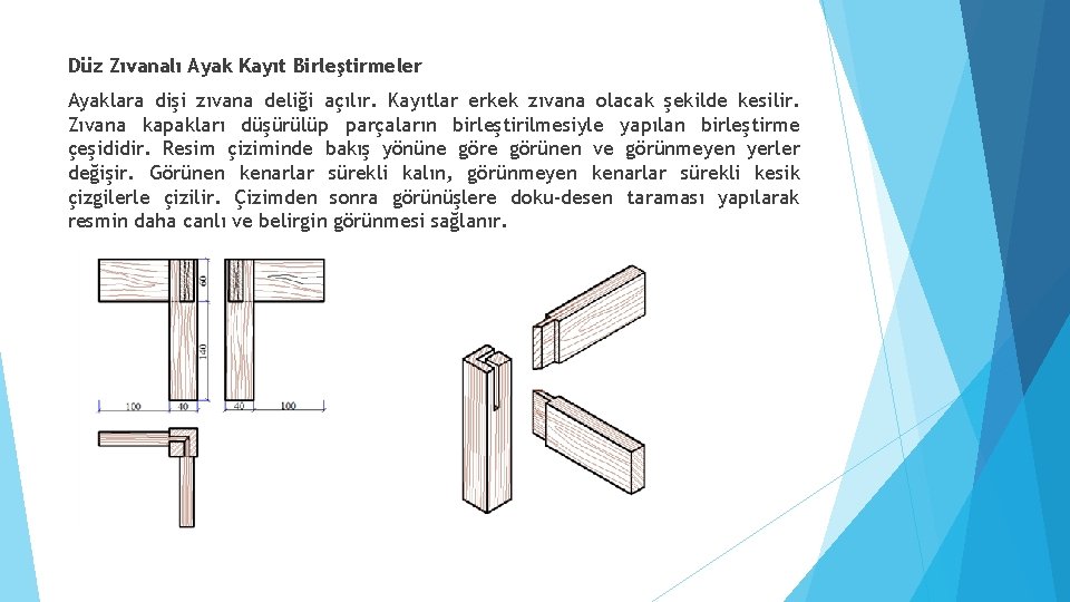 Düz Zıvanalı Ayak Kayıt Birleştirmeler Ayaklara dişi zıvana deliği açılır. Kayıtlar erkek zıvana olacak