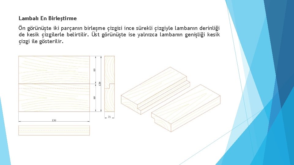 Lambalı En Birleştirme Ön görünüşte iki parçanın birleşme çizgisi ince sürekli çizgiyle lambanın derinliği