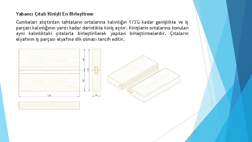 Yabancı Çıtalı Kinişli En Birleştirme Cumbaları alıştırılan tahtaların ortalarına kalınlığın 1/3'ü kadar genişlikte ve