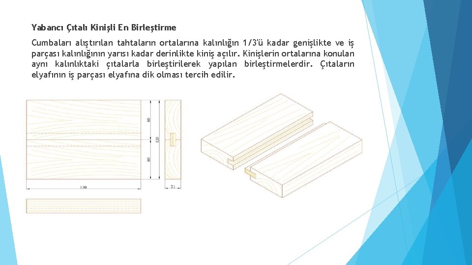 Yabancı Çıtalı Kinişli En Birleştirme Cumbaları alıştırılan tahtaların ortalarına kalınlığın 1/3'ü kadar genişlikte ve