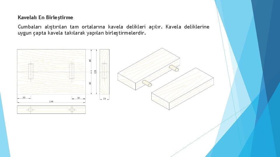 Kavelalı En Birleştirme Cumbaları alıştırılan tam ortalarına kavela delikleri açılır. Kavela deliklerine uygun çapta