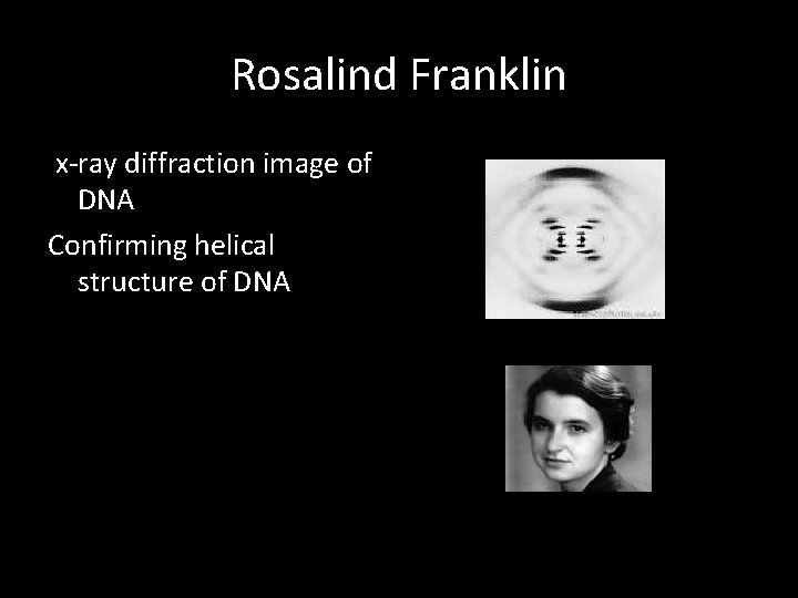 Rosalind Franklin x-ray diffraction image of DNA Confirming helical structure of DNA 