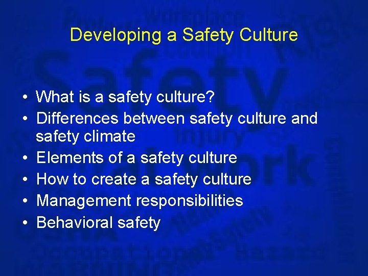 Developing a Safety Culture • What is a safety culture? • Differences between safety