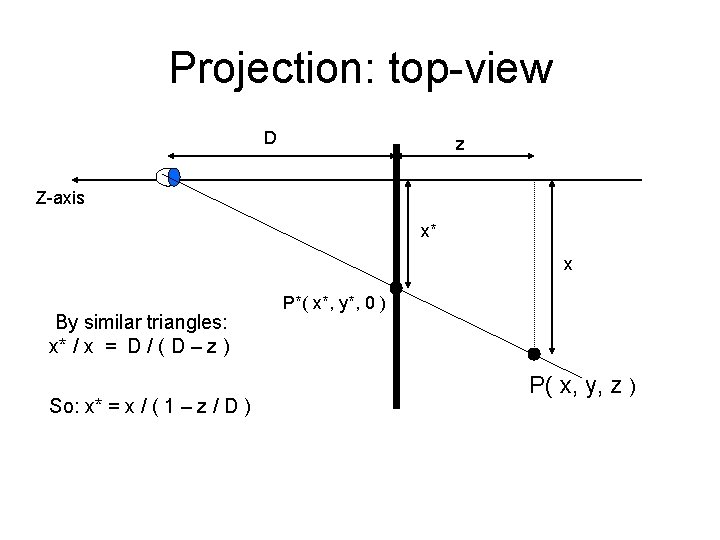 Projection: top-view D z Z-axis x* x By similar triangles: x* / x =