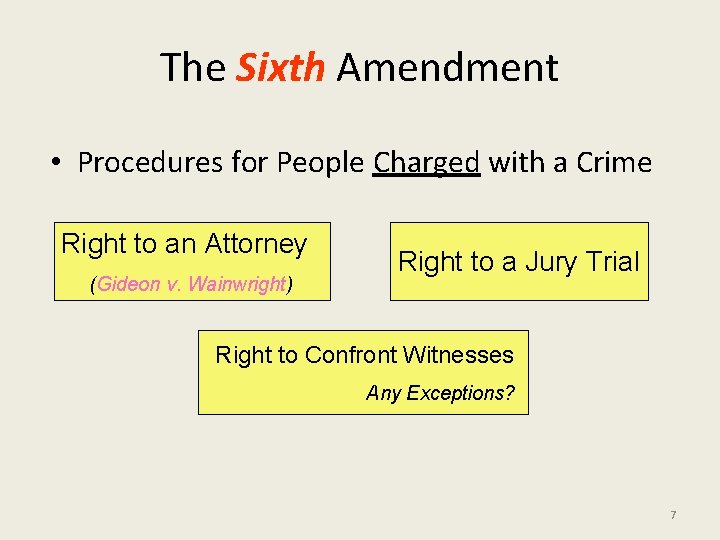 The Sixth Amendment • Procedures for People Charged with a Crime Right to an