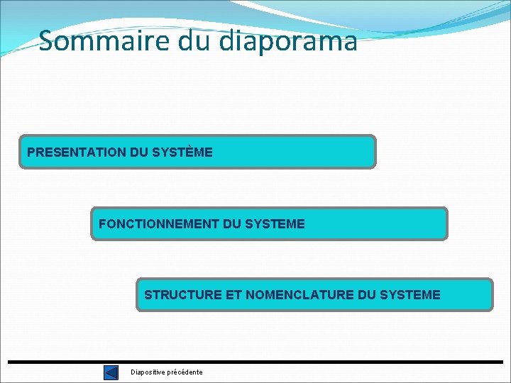 Sommaire du diaporama PRESENTATION DU SYSTÈME FONCTIONNEMENT DU SYSTEME STRUCTURE ET NOMENCLATURE DU SYSTEME