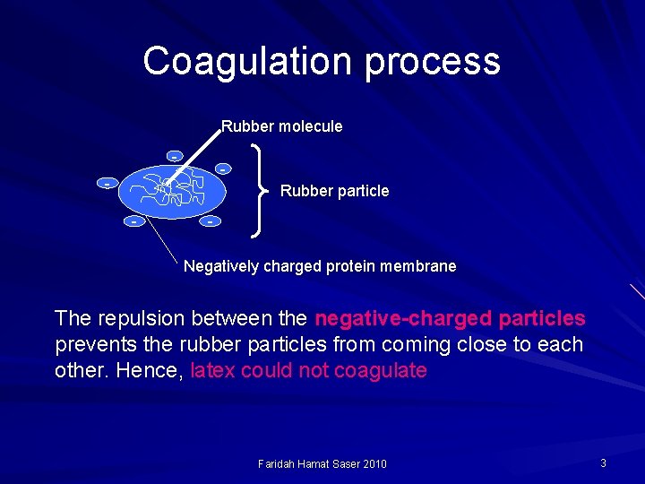 Coagulation process Rubber molecule - - - Rubber particle - Negatively charged protein membrane