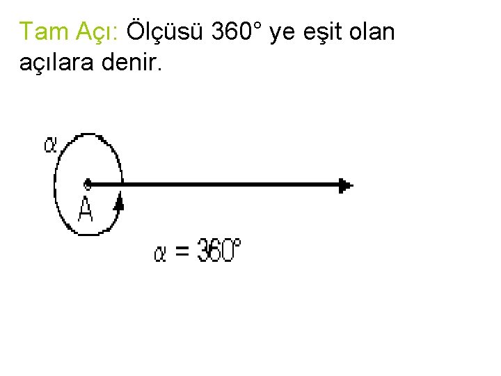 Tam Açı: Ölçüsü 360° ye eşit olan açılara denir. 