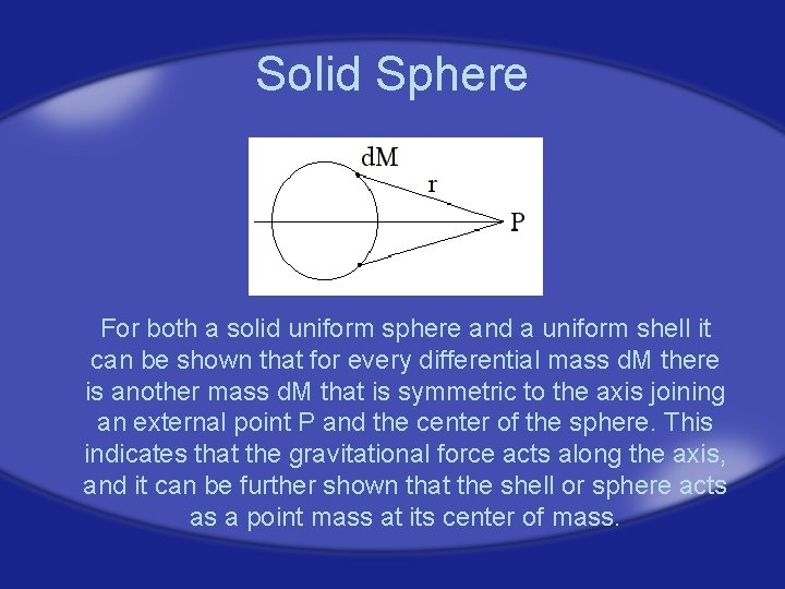 Solid Sphere For both a solid uniform sphere and a uniform shell it can