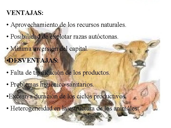 VENTAJAS: • Aprovechamiento de los recursos naturales. • Posibilidad de explotar razas autóctonas. •