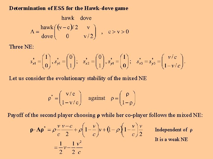 Determination of ESS for the Hawk-dove game Three NE: Let us consider the evolutionary