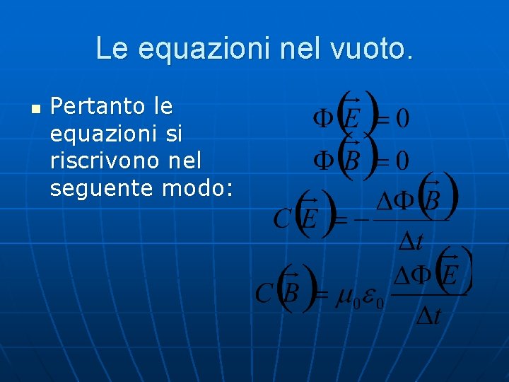 Le equazioni nel vuoto. n Pertanto le equazioni si riscrivono nel seguente modo: 