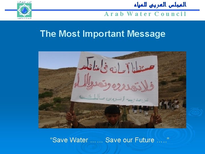 Arab Water Council ﺍﻟـﻤـﺠـﻠـﺲ ﺍﻟـﻌـﺮﺑـﻰ ﻟﻠـﻤـﻴﺎﻩ Arab Water Council The Most Important Message “Save