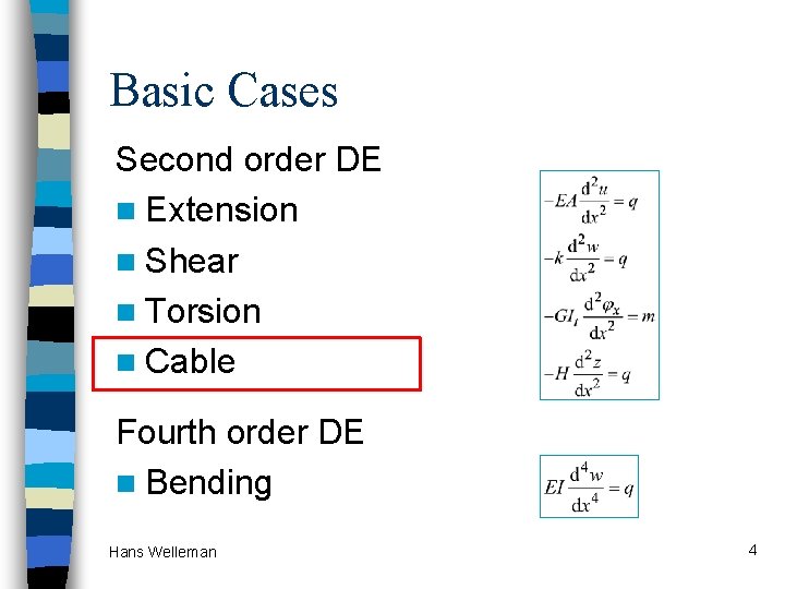Basic Cases Second order DE n Extension n Shear n Torsion n Cable Fourth