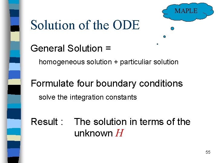 MAPLE Solution of the ODE General Solution = homogeneous solution + particuliar solution Formulate