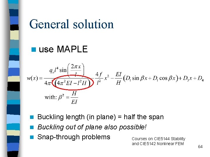 General solution n use MAPLE Buckling length (in plane) = half the span n