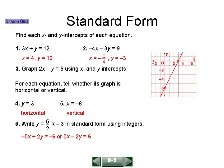 ALGEBRA 1 LESSON 6 -3 Standard Form Find each x- and y-intercepts of each