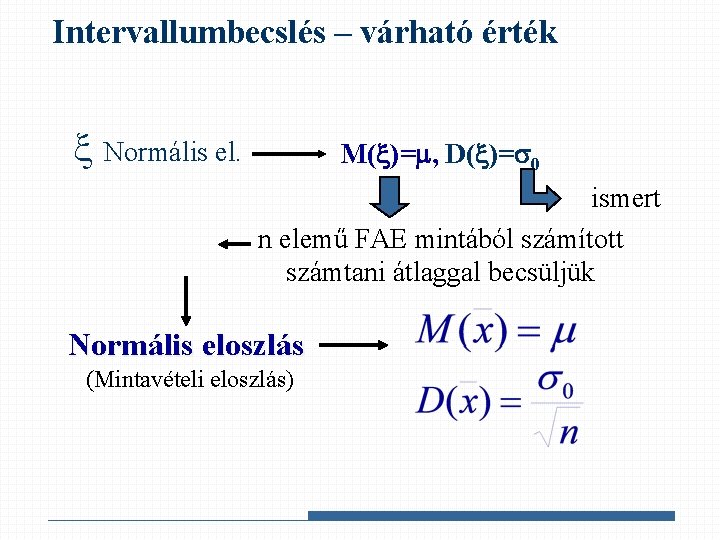 Intervallumbecslés – várható érték Normális el. M( )= , D( )= 0 ismert n