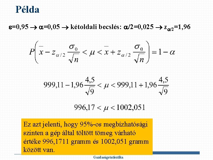 Példa =0, 95 =0, 05 kétoldali becslés: /2=0, 025 z /2=1, 96 Ez azt