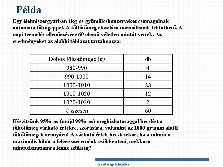 Példa Egy élelmiszergyárban 1 kg-os gyümölcskonzerveket csomagolnak automata töltőgéppel. A töltőtömeg eloszlása normálisnak tekinthető.