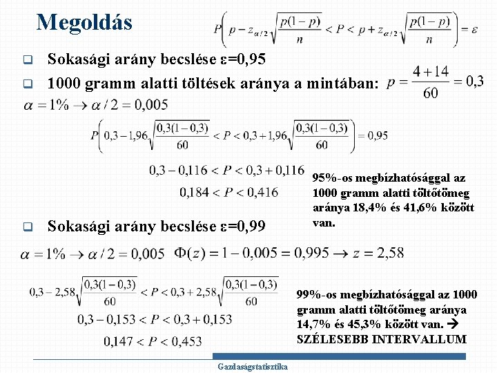 Megoldás q q q Sokasági arány becslése ε=0, 95 1000 gramm alatti töltések aránya