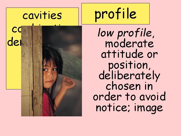 cavities combination demonstrates episode profile strict profile low profile, moderate attitude or position, deliberately